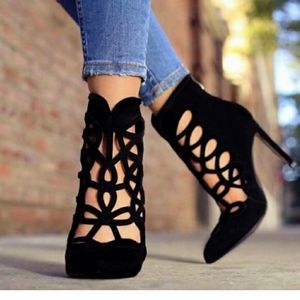 CHELSEA & ZOE Black Suede Cage Heels Sz 8.5EUC!